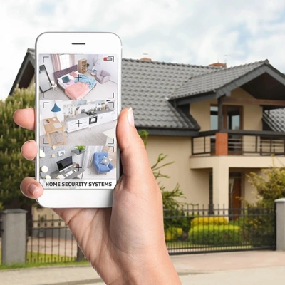Grand Rapids vivint phone display of cctv live feed in front of a house